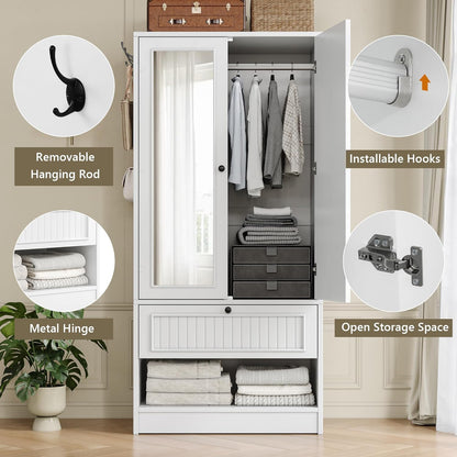 70" Armoire Wardrobe Closet with Doors & Mirror,Wooden Wardrobe with Drawers and 3 Side Hooks,Large Freestanding Bedroom Storage Wardrobe Cabinet,White