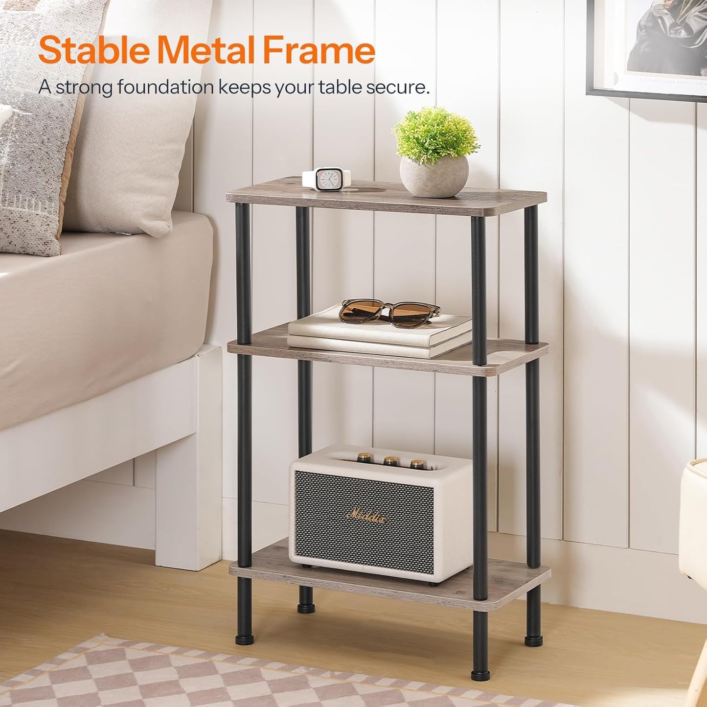 Narrow Side Table, 3-Tier Slim End Table No Tools Needed, Twist-On Assembly, Skinny Nightstand Sofa Storage Shelf for Living Room, Bedroom, Study, Greige and Black BG246BZ01