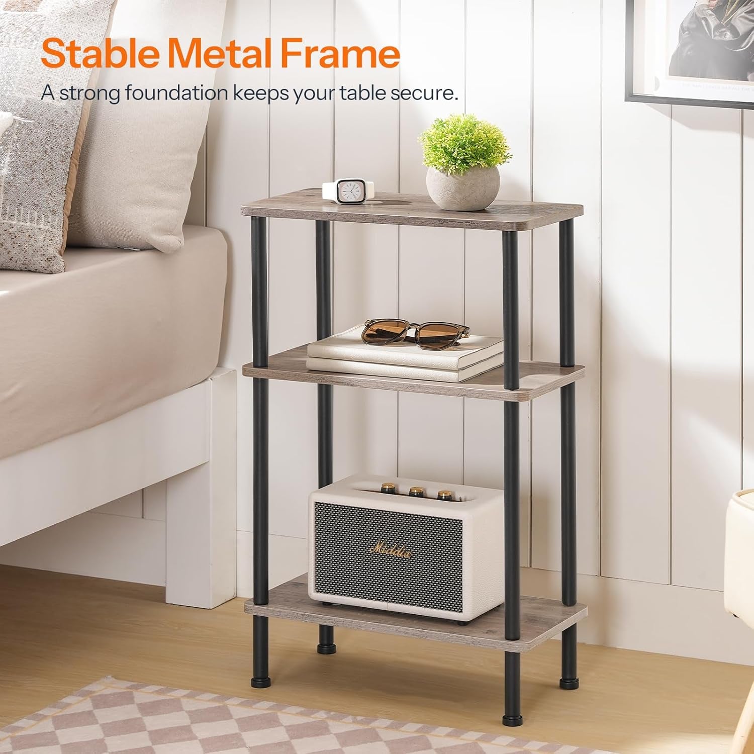 Narrow Side Table, 3-Tier Slim End Table No Tools Needed, Twist-On Assembly, Skinny Nightstand Sofa Storage Shelf for Living Room, Bedroom, Study, Greige and Black BG246BZ01