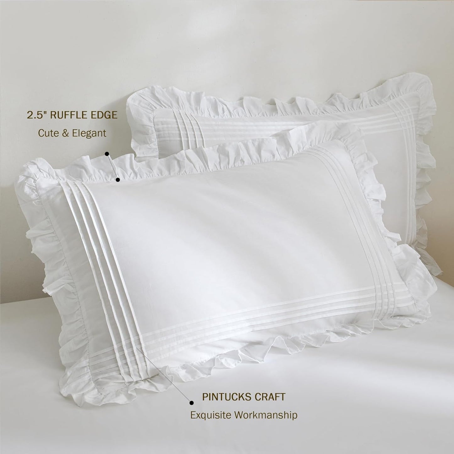 Ruffled Pillow Shams King Size Set of 2, 100% Cotton White Ruffle Pillow Cases with Pintucks, Farmhouse French Shabby Chic Pillowcases for Bedding, 20X36 Inch