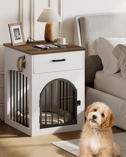 Dog Crate Furniture, Wooden Dog House with Charging Station and Storage Drawer, Indoor Pet Crate End Table for Small Breeds, for Living Room, Bedroom, White and Walnut MGW01UWL