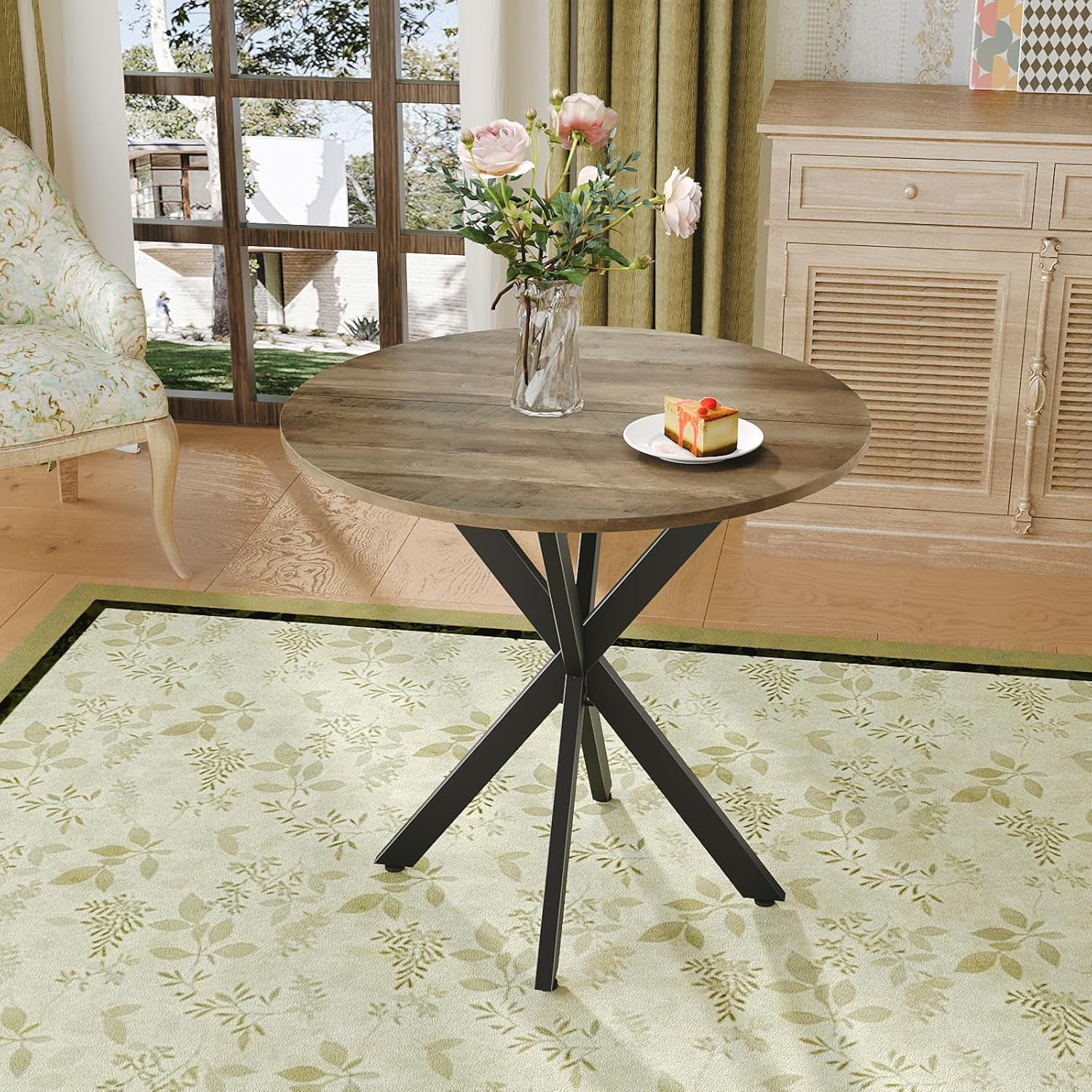 31.5" Small round Dining Table for 2-4, Space Saving Circle Kitchen Dinner Table, Industrial Mid Century Modern Dining Room Desk for Kitchen, Apartment, Natural Oak