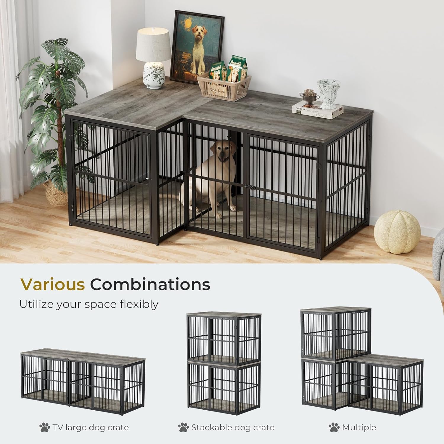 43'' XL Dog Crate Furniture with 3 Doors, Wooden Crate Combination Pet Cage, Heavy Duty Indoor Kennel for Medium to Large Dogs, Grey