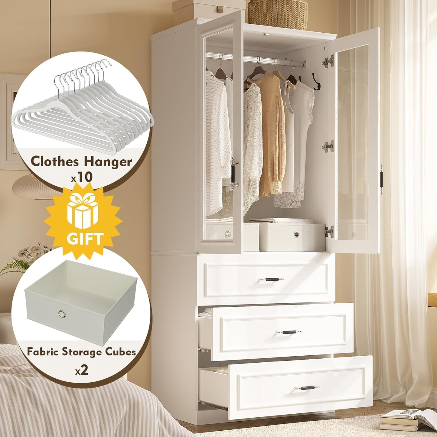 Armoire Wardrobe Closet with 2 Door & 3 Drawers, 74.8" Large Wardrobe Cabinet with Hanging Rod, Freestanding Modern Bedroom Armoire Storage Cabinet, White