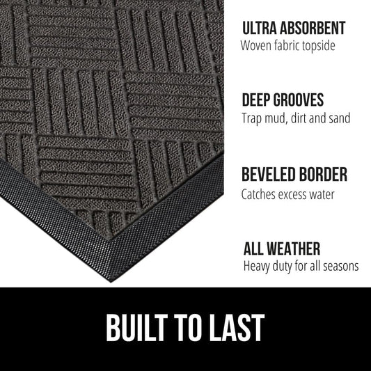 100% Waterproof All-Season Weathermax Doormat US Designed Natural Rubber, Stain Fade Resistant, Low Profile Indoor Outdoor Door Mats, Easy Clean, 17X29 Gray Diamond