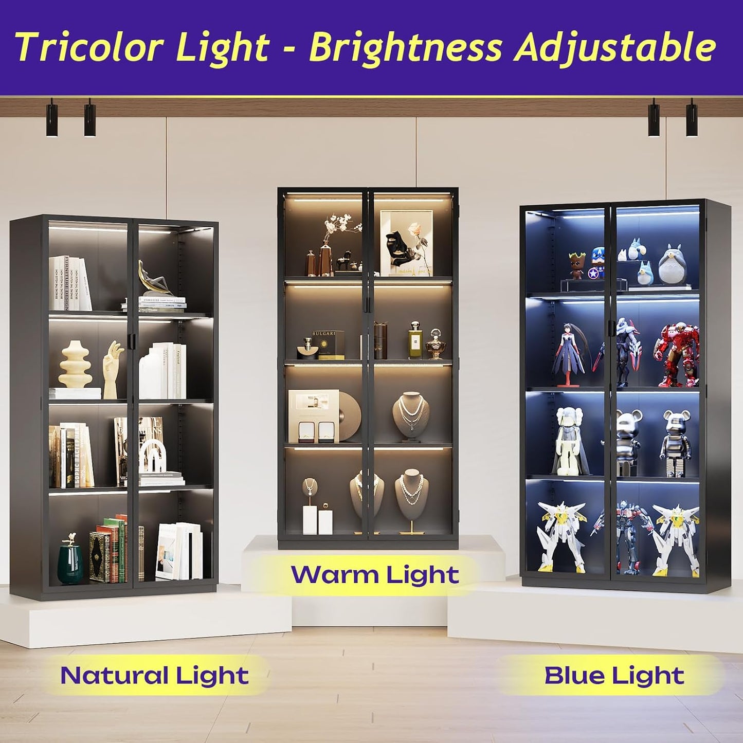 Display Cabinet with Glass Doors, 4-Tier Curio Cabinet with 3 Color Lights,Glass Display Case for Collectibles with Adjustable Shelves-Toys,Books,Figures,Exhibit(63" Black)