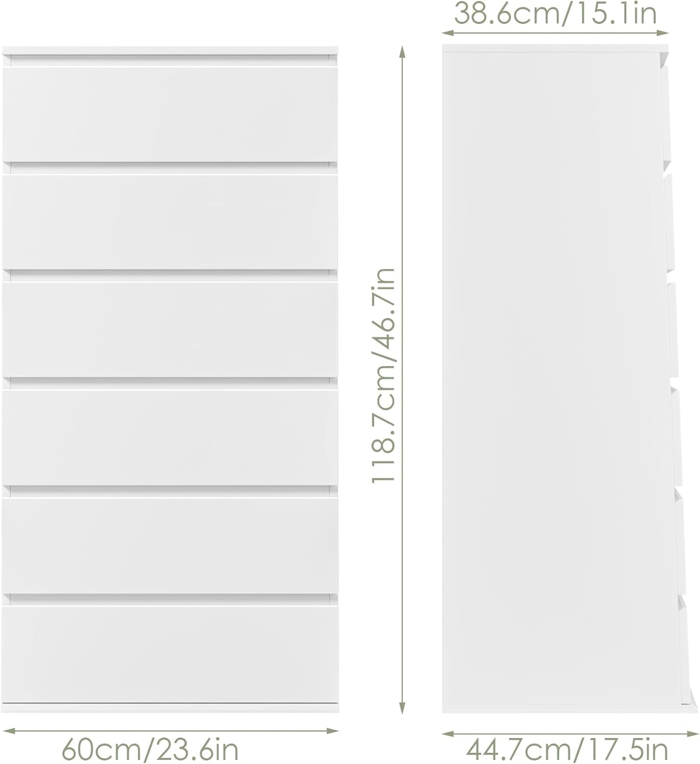 White Dresser, 6 Drawer Dresser, Modern Tall Floor Storage Cabinet with Metal Sliding Rail, Wooden Handleless Drawer Cabinet, 6-Layer Large Capacity Vertical Dressers for Home & Office