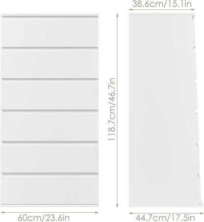 White Dresser, 6 Drawer Dresser, Modern Tall Floor Storage Cabinet with Metal Sliding Rail, Wooden Handleless Drawer Cabinet, 6-Layer Large Capacity Vertical Dressers for Home & Office