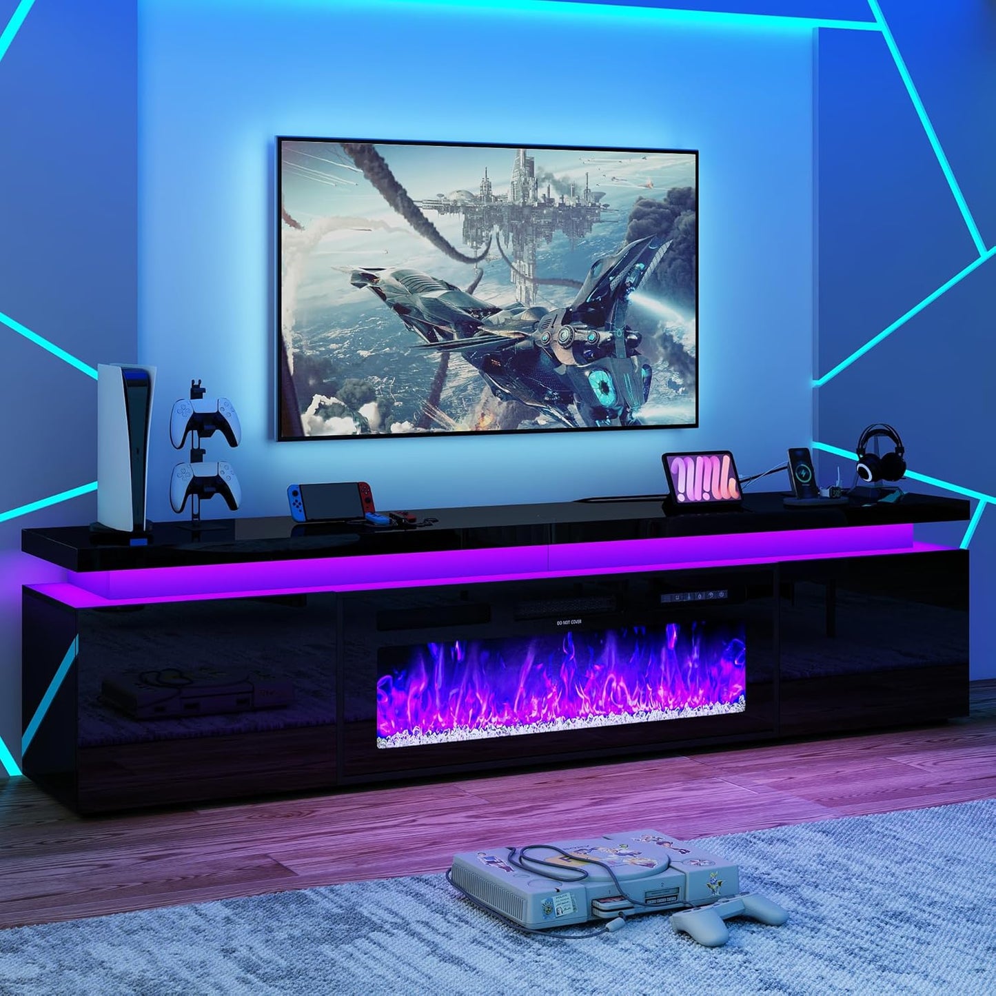Fireplace TV Stand for 95" TV, 83" LED TV Stand with 40" Electric Fireplace & Power Outlet, High Gloss Surface, 2 Storage Cabinet, Modern Style (83 Inch, Black