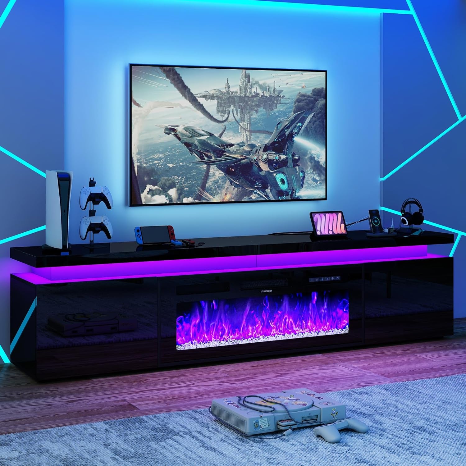 Fireplace TV Stand for 95" TV, 83" LED TV Stand with 40" Electric Fireplace & Power Outlet, High Gloss Surface, 2 Storage Cabinet, Modern Style (83 Inch, Black