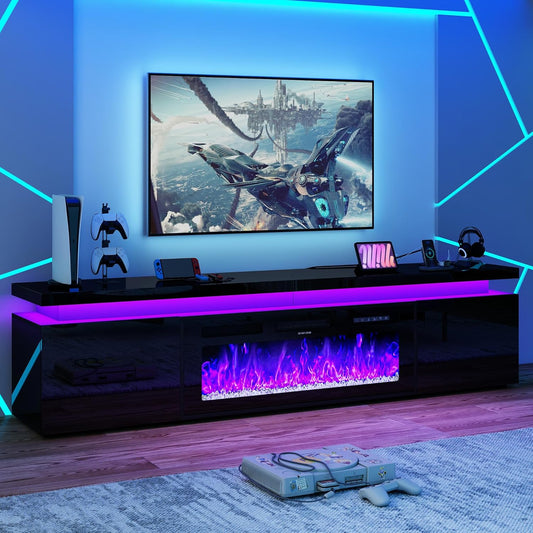 Fireplace TV Stand for 95" TV, 83" LED TV Stand with 40" Electric Fireplace & Power Outlet, High Gloss Surface, 2 Storage Cabinet, Modern Style (83 Inch, Black