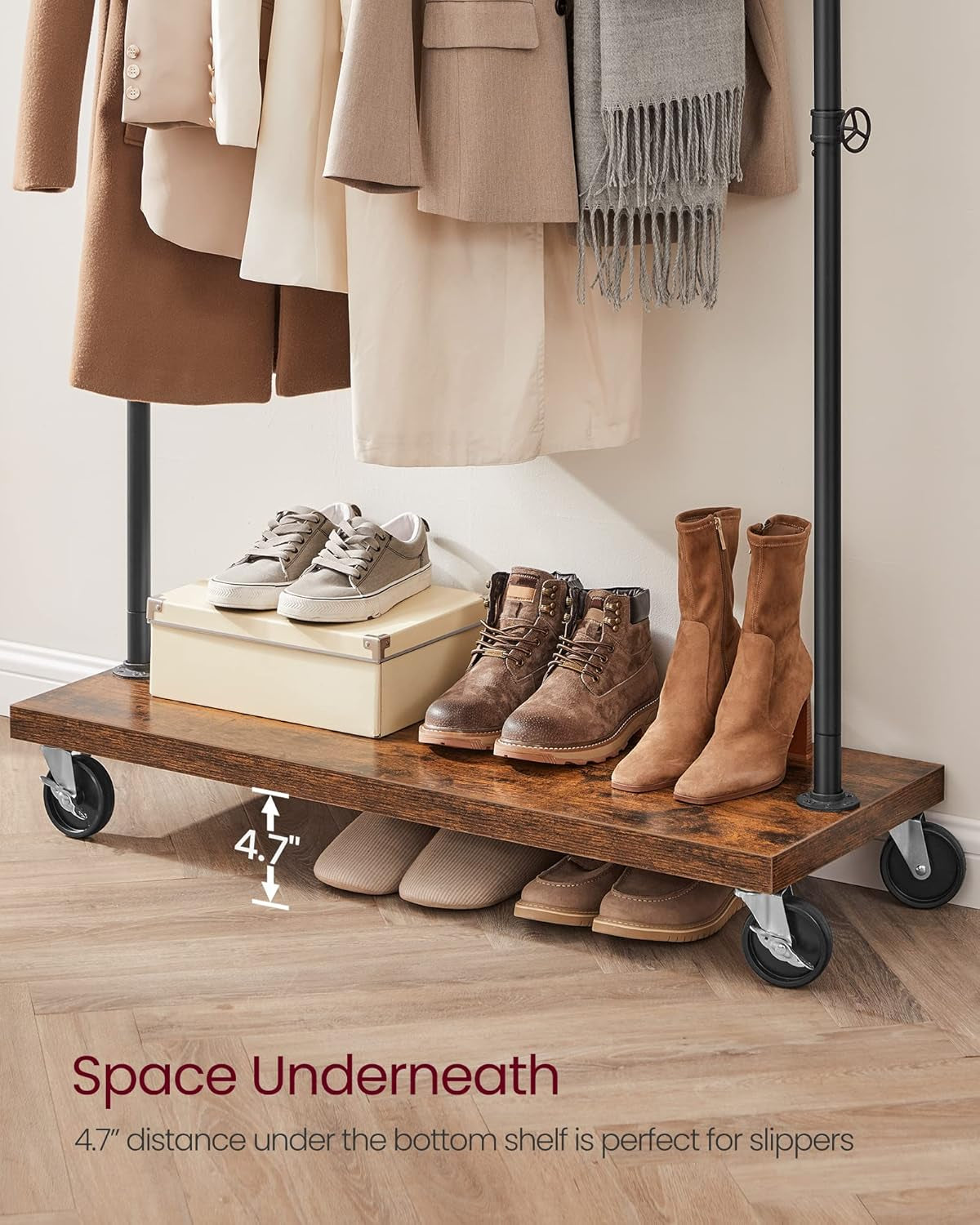 Clothes Rack, Heavy Duty Clothing Rack, Industrial Pipe Style Rolling Garment Rack with Shelf, for Bedroom, Laundry Room, Retail Store, Rustic Brown and Black UHSR65BX