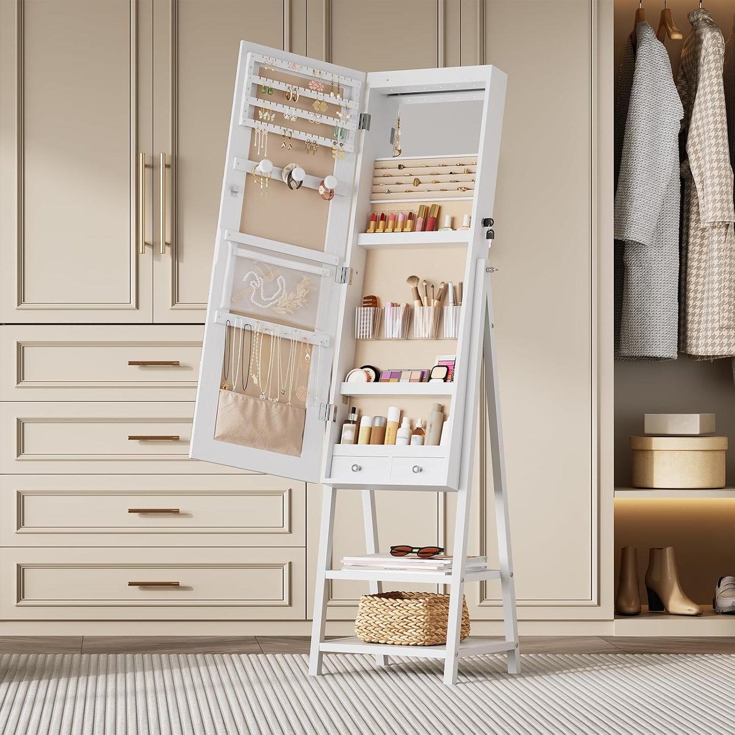 Standing Jewelry Cabinet with LED Lights, Jewelry Organizer with Storage Shelves, Full Length Mirrored Jewelry Armoire, Lockable Cosmetics Storage Cabinet, Makeup Brush Boxes, White