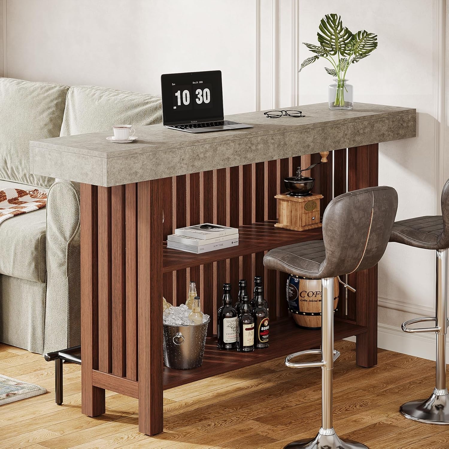 63-Inch Large Home Bar Unit, 2-Tier Kitchen Island Mini Bar Height Pub Table with Footrest, Modern Coffee Bar Cabinet for Dining Room, Bistro, Living Room