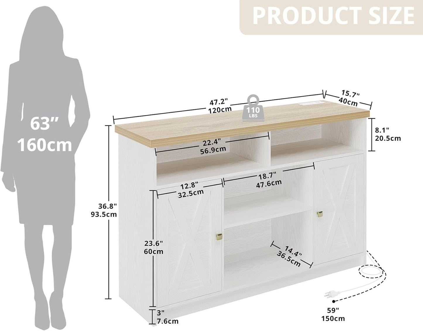 Buffet Cabinet with Power Strip, 47 “ Coffee Bar Cabinet with Barn Doors and Thickened Top Board, Modern Farmhouse Sideboard Storage Buffet for Dinning Room, Kitchen, Rustic White