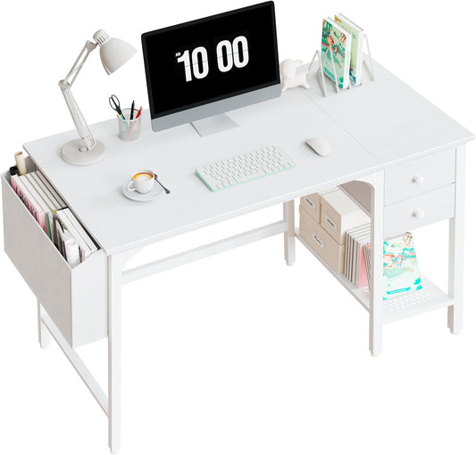 White Small Desk with Drawers - 40 Inch Computer Desk for Small Space Home Office, Modern Simple Study Writing Table PC Desks