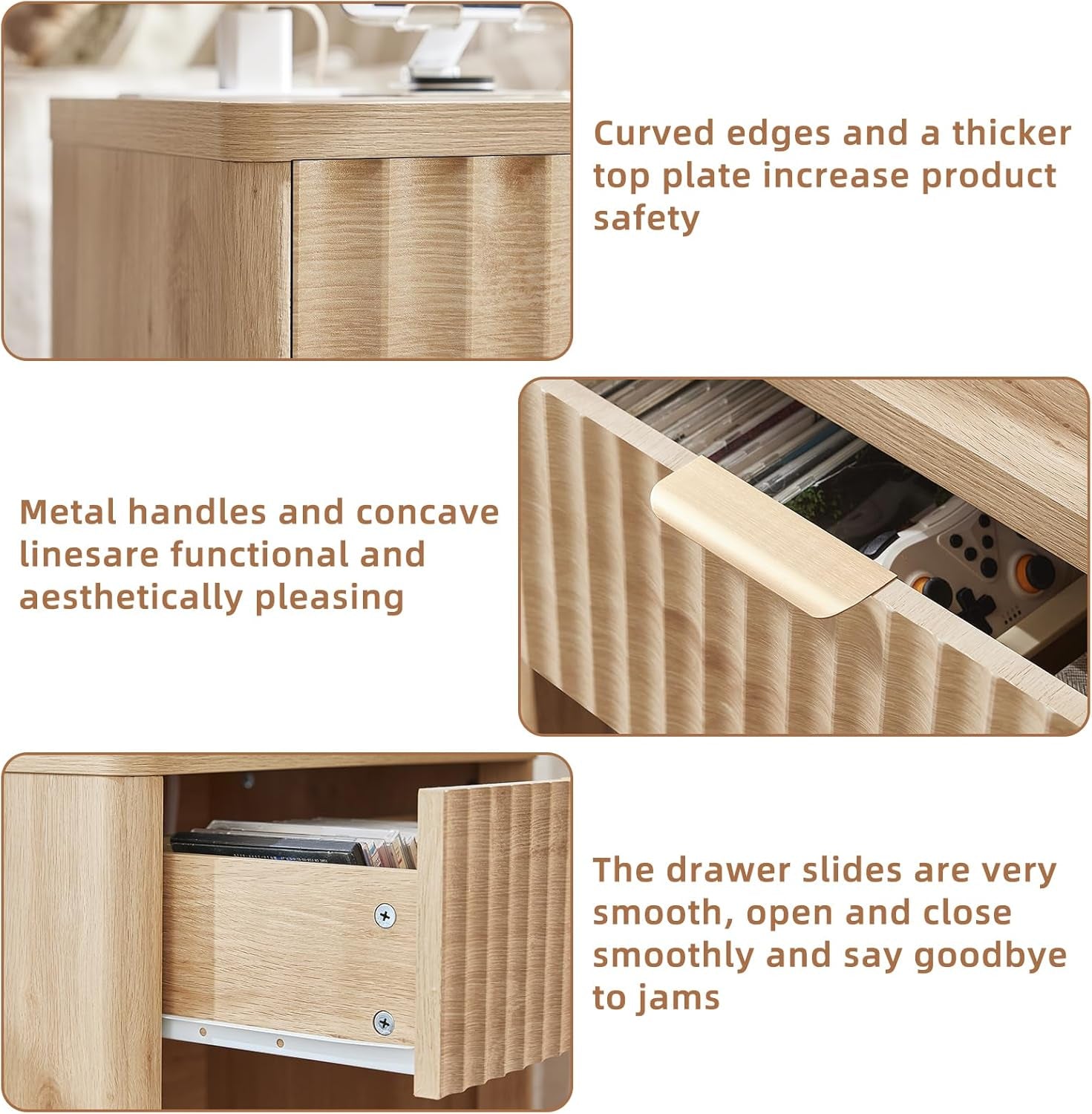 Fluted Farmhouse Nightstand Set of 2 with Charging Station, 23" Wide 1 Drawers End Table,Natural Dresser for Bedroom,Bed Side Table Chest of Drawers Cabinet,Wood Night Stand for Living Room