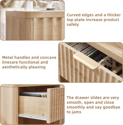 Fluted Farmhouse Nightstand Set of 2 with Charging Station, 23" Wide 1 Drawers End Table,Natural Dresser for Bedroom,Bed Side Table Chest of Drawers Cabinet,Wood Night Stand for Living Room