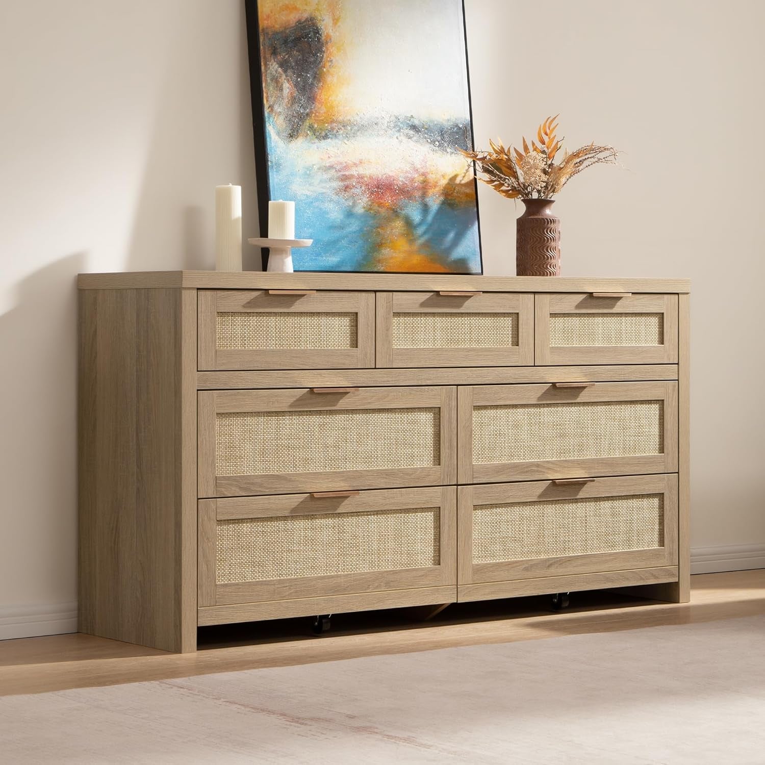 7 Drawer Dresser for Bedroom, 57" Wide Rattan Dressers, Large Chest of Drawers for Bedroom, Dresser TV Stand, Boho Closet Organizer (Reclaimed Light Oak, 7 Drawers (1 Pc))