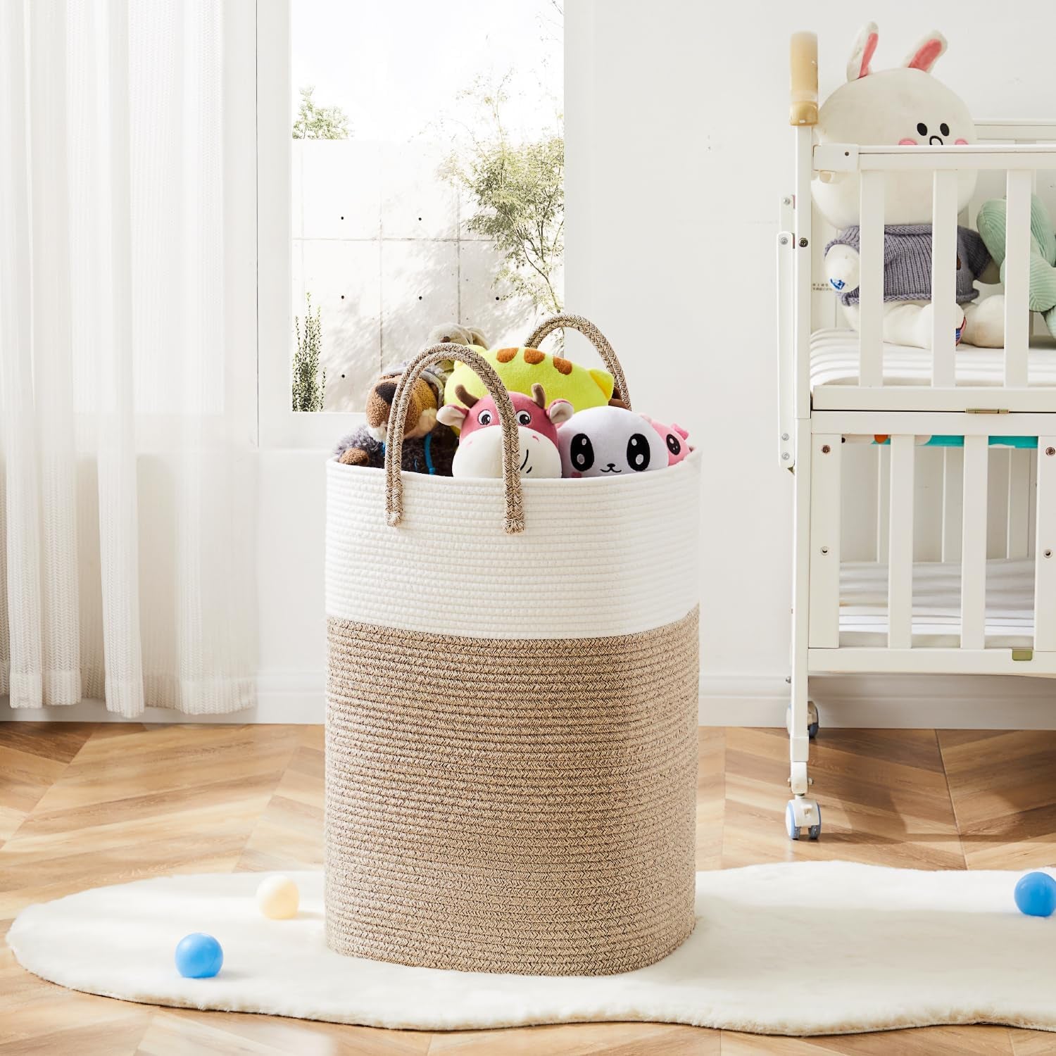 Laundry Basket,Woven Cotton Rope Laundry Hamper,Versatile Storage for Dirty Clothes,Baby Toys,And Blankets in Bathroom, Nursery,And Living Room (Brown, 60L)
