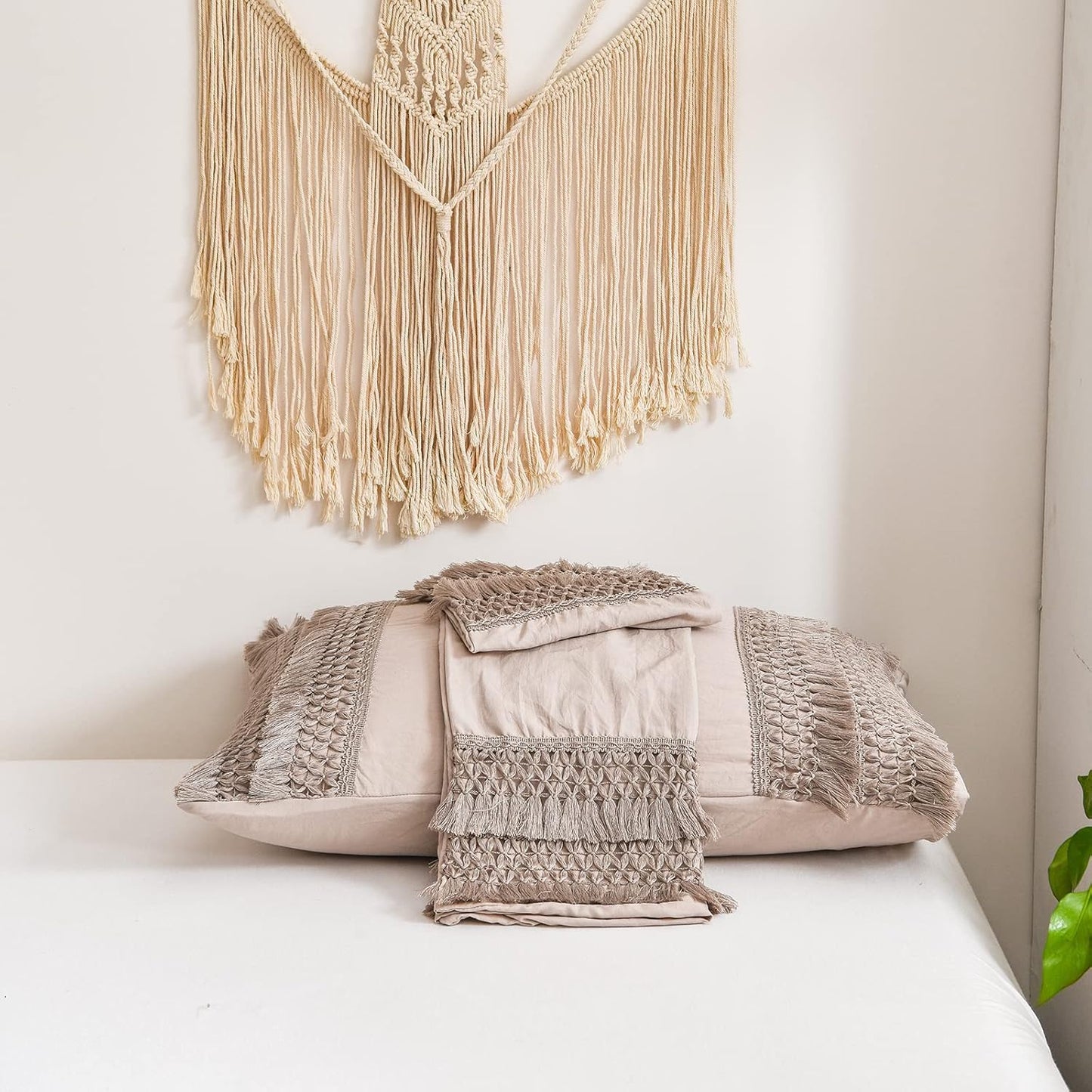 Taupe Pillowcases, Khaki Macrame Tassel Pillow Cases Set of 2, Soft Washed Microfiber, Taupe Decor Tassel Boho Pillow Cover, 2 Pack (King, Taupe Tassel)