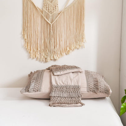 Taupe Pillowcases, Khaki Macrame Tassel Pillow Cases Set of 2, Soft Washed Microfiber, Taupe Decor Tassel Boho Pillow Cover, 2 Pack (King, Taupe Tassel)