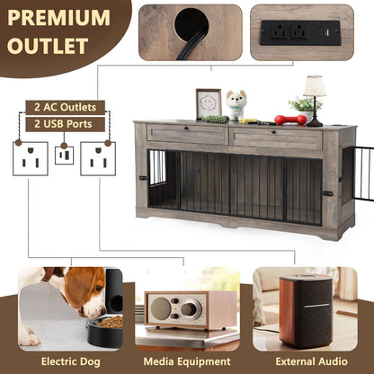 Large Dog Crate Furniture-Decorative Heavy Duty Dog Cage Indoor, Wooden Dog Cage End Table with Charging Station, Dog House with 2 Drawers (White, 70.86''L)
