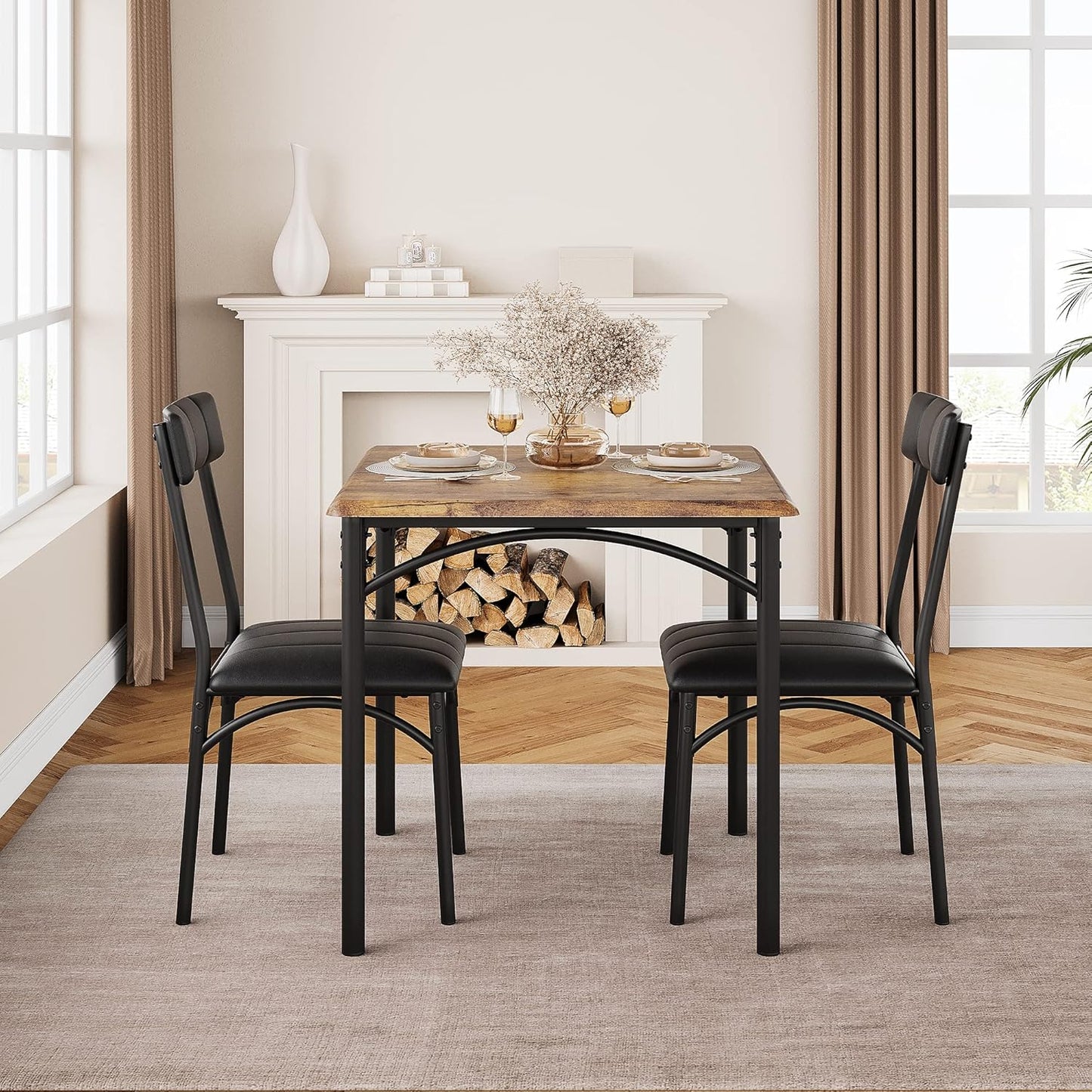 Dining Table Set for 2, Kitchen Table and Chairs for 2 with Upholstered Chairs, 3 Piece Dining Room Table Set, Square Kitchen Table Set for Small Space, Apartment, Studio, Rustic Brown