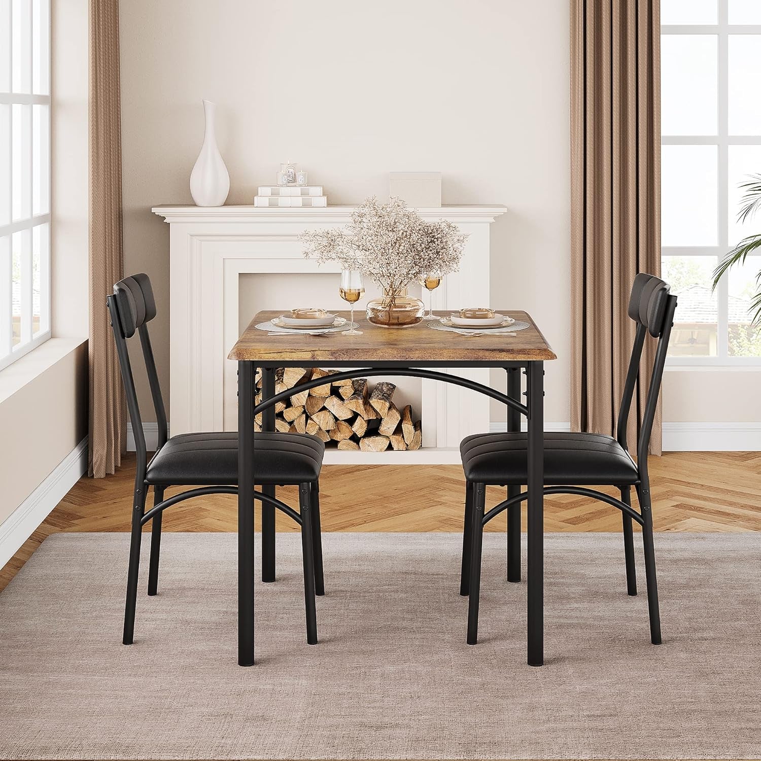 Dining Table Set for 2, Kitchen Table and Chairs for 2 with Upholstered Chairs, 3 Piece Dining Room Table Set, Square Kitchen Table Set for Small Space, Apartment, Studio, Rustic Brown