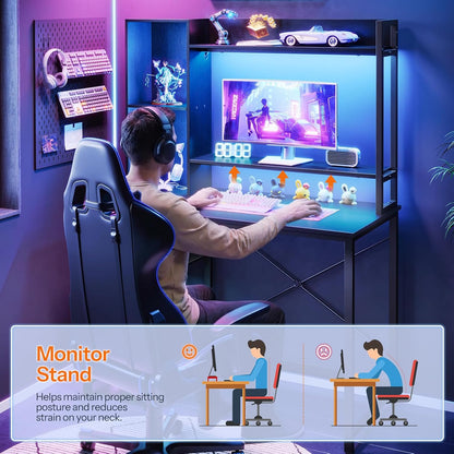 Computer Desk, Gaming Desk with LED and Outlets, Home Office Desk with Monitor Stand and Adjustable Shelf, Small Gaming Table with CPU Stand for Home Office, Small Space, Black BB100UDDN01