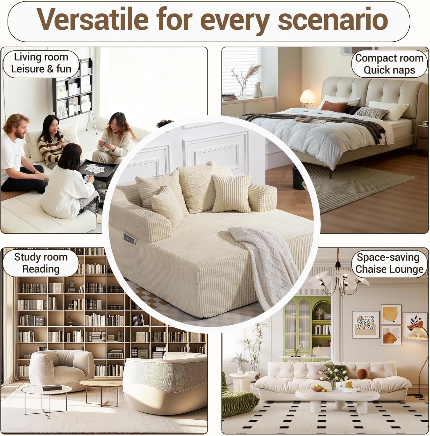 58" Chaise Lounge Chair Indoor, Beige - Oversized Corduroy Boneless Sleeper Sofa Bed with Armrests and 4 Pillows, No Assembly for Living Room