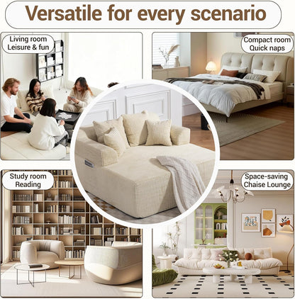 58" Chaise Lounge Chair Indoor, Beige - Oversized Corduroy Boneless Sleeper Sofa Bed with Armrests and 4 Pillows, No Assembly for Living Room