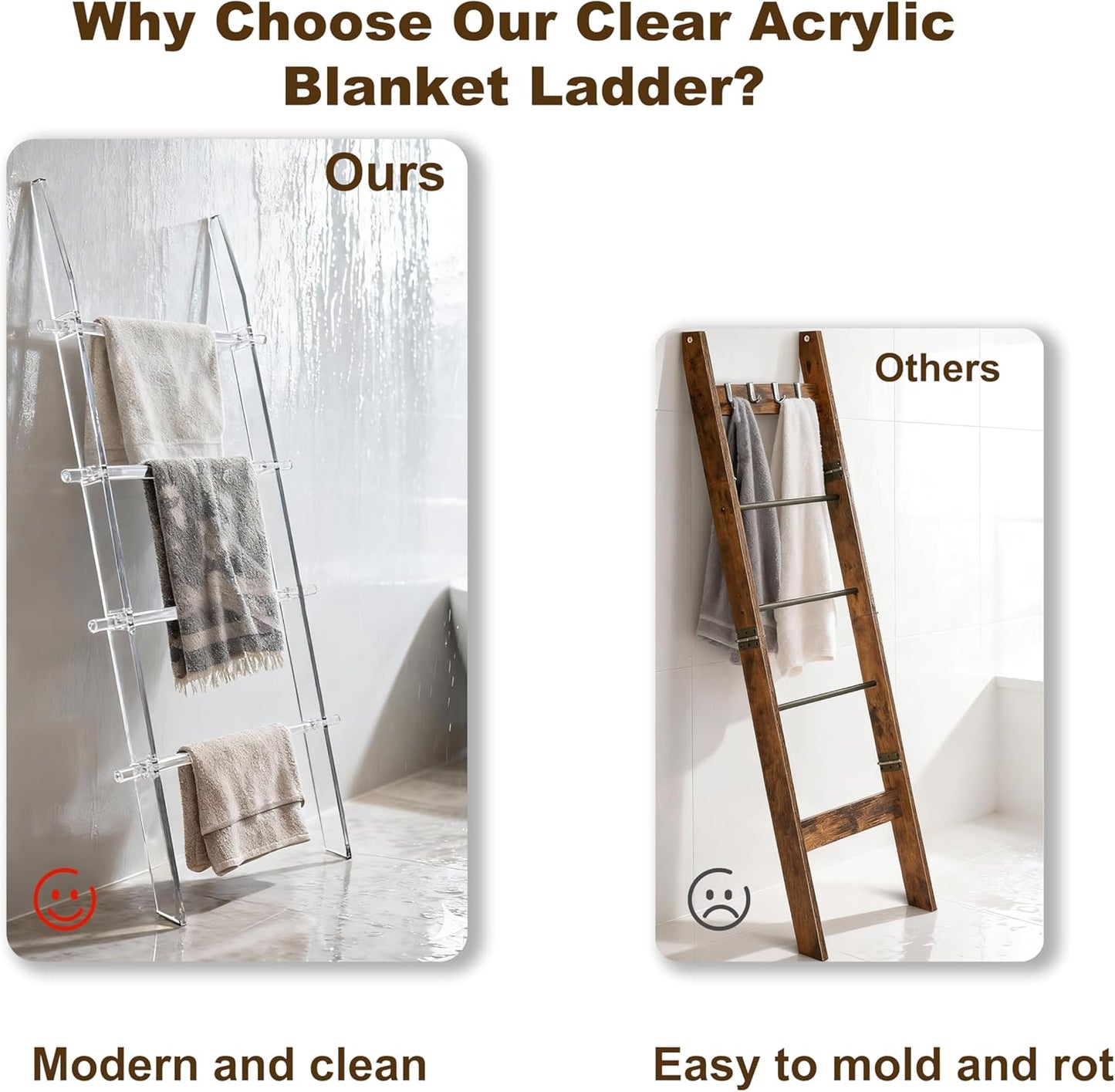 Blanket Ladder 5.6FT for Bathroom, 4 Tier Modern Decor Waterproof Blanket Holder for Living Room and Bedroom, Easy Assembly Clear Acrylic Ladder Shelf, Leaning Quilt Rack with anti Slip Pads