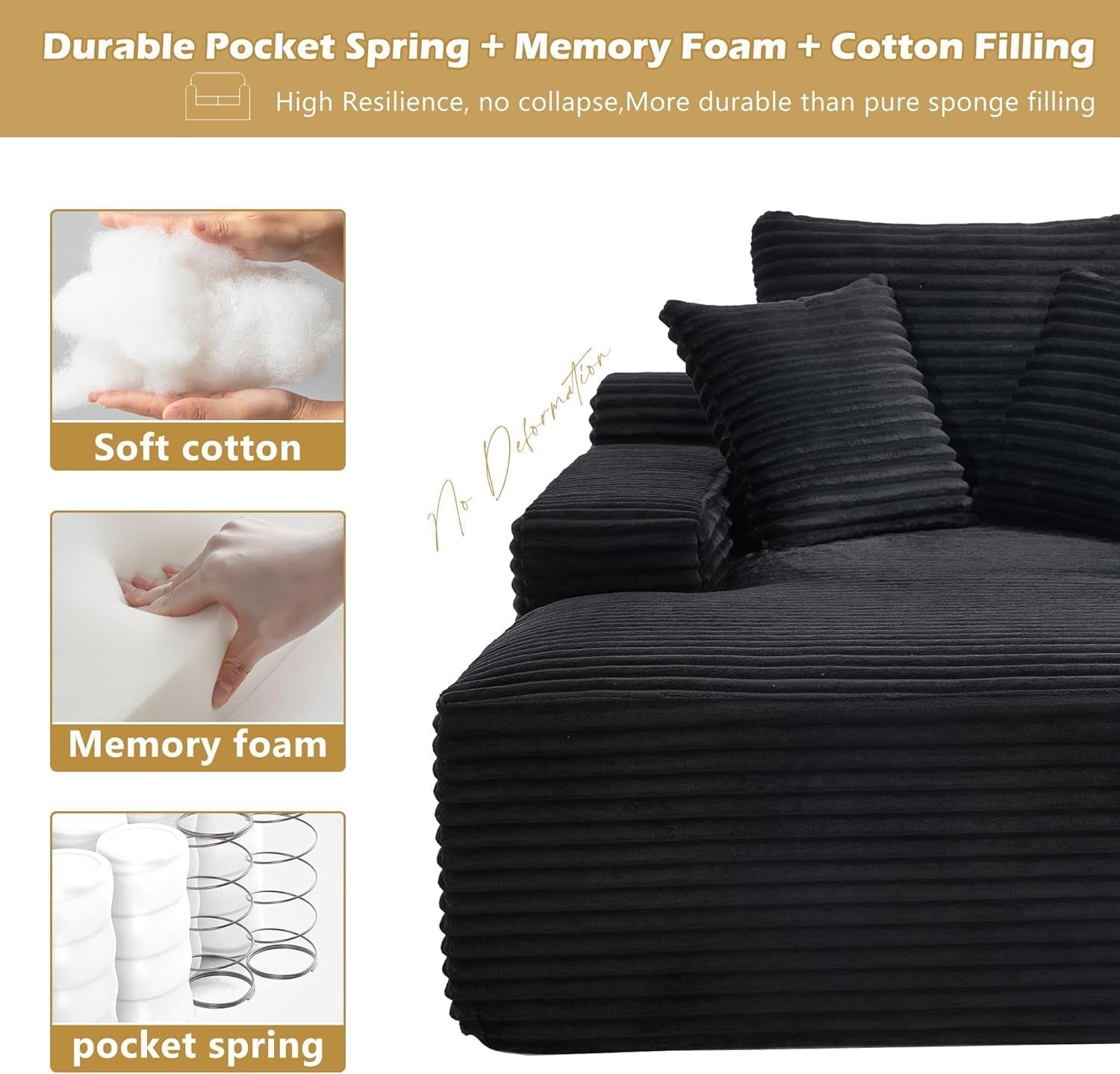 67" Oversized Chise Lounge Chir Indoor, Corduroy Cloud Couch with 3 Pillows, Deep Set Sleeper Sof, No ssembly Required, Comfy Reding Chir for Living Room/Bedroom (Blck)