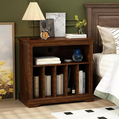 Large Farmhouse Record Player Stand, Turntable Stand with Vinyl Storage, Wood Record Holder Storage Cabinet Dispaly Shelf for Living Room, Bedroom, Office, Brown