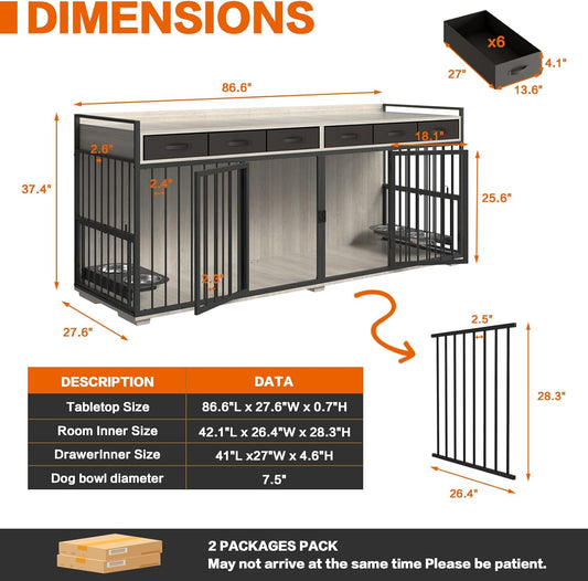 Double Dog Crate Furniture,Indoor 86.6 Inch Extra Large Metal Frame Heavy Duty Dog Crate Kennel Furniture for 2 Dogs with 6 Fabric Drawers,Removable Divider&360°Adjustable Raised Feeder