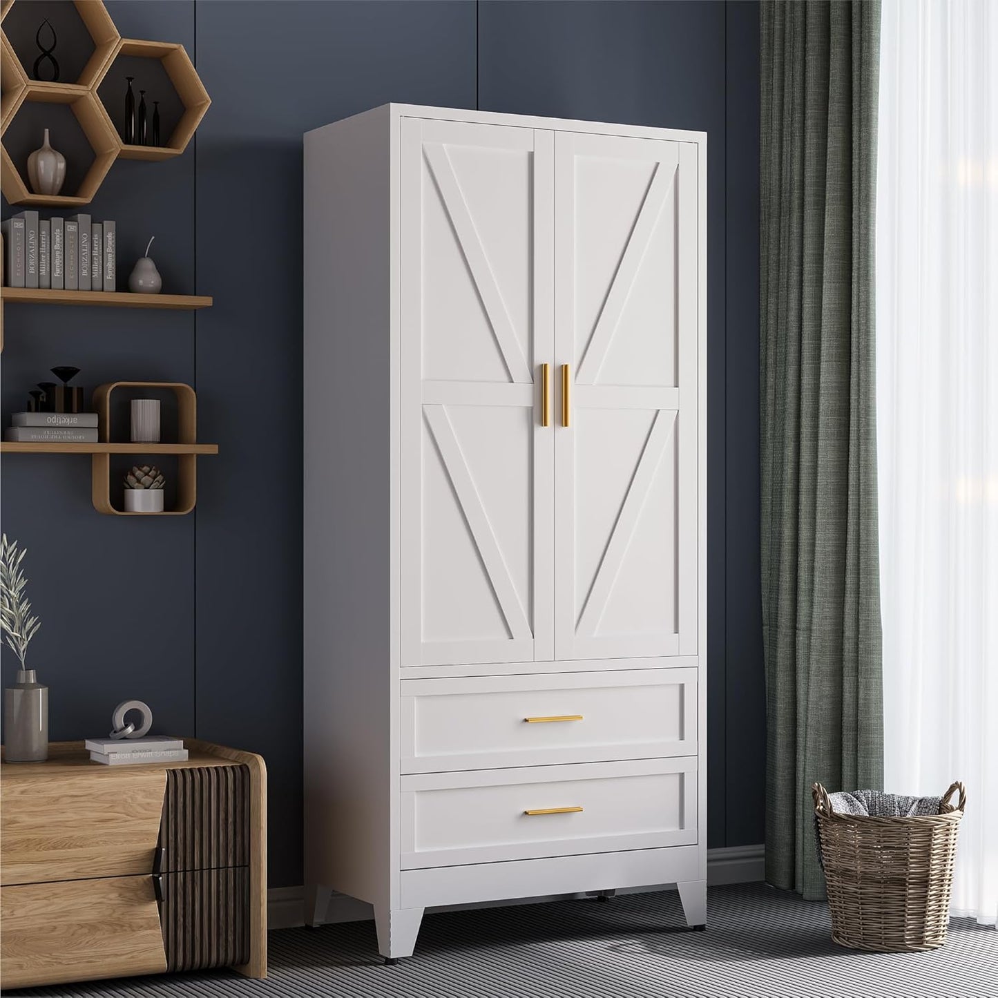 71" Metal Wardrobe Closet with 2 Drawers & Hanging Rod, Freestanding Armoire Storage Cabinet with Adjustable Shelf and 2 Doors, White Steel Closet Organizer for Bedroom