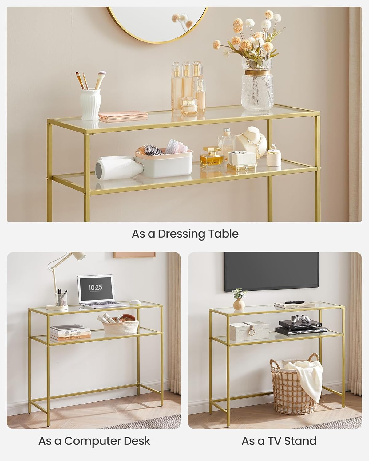 39.4 Inch Console Sofa Table, Modern Entryway Table, Tempered Glass Table, Metal Frame, 2 Shelves, Adjustable Feet, for Living Room, Hallway, Gold Color ULGT025A01