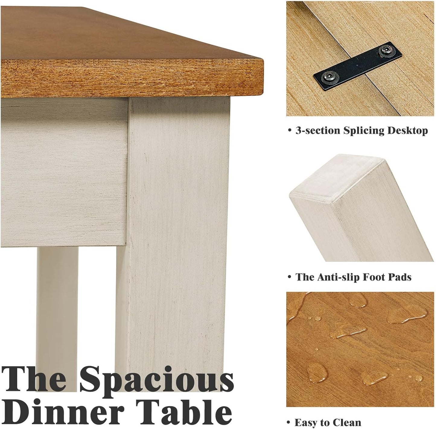7-Piece Farmhouse Solid Wood Dining Table Set with 6 Chairs, 60" Rectangular Dining Table & Chair Set for 6 People, Dining Table with Wood Legs, Table Set for Dining Room, Kitchen, Rustic Cream
