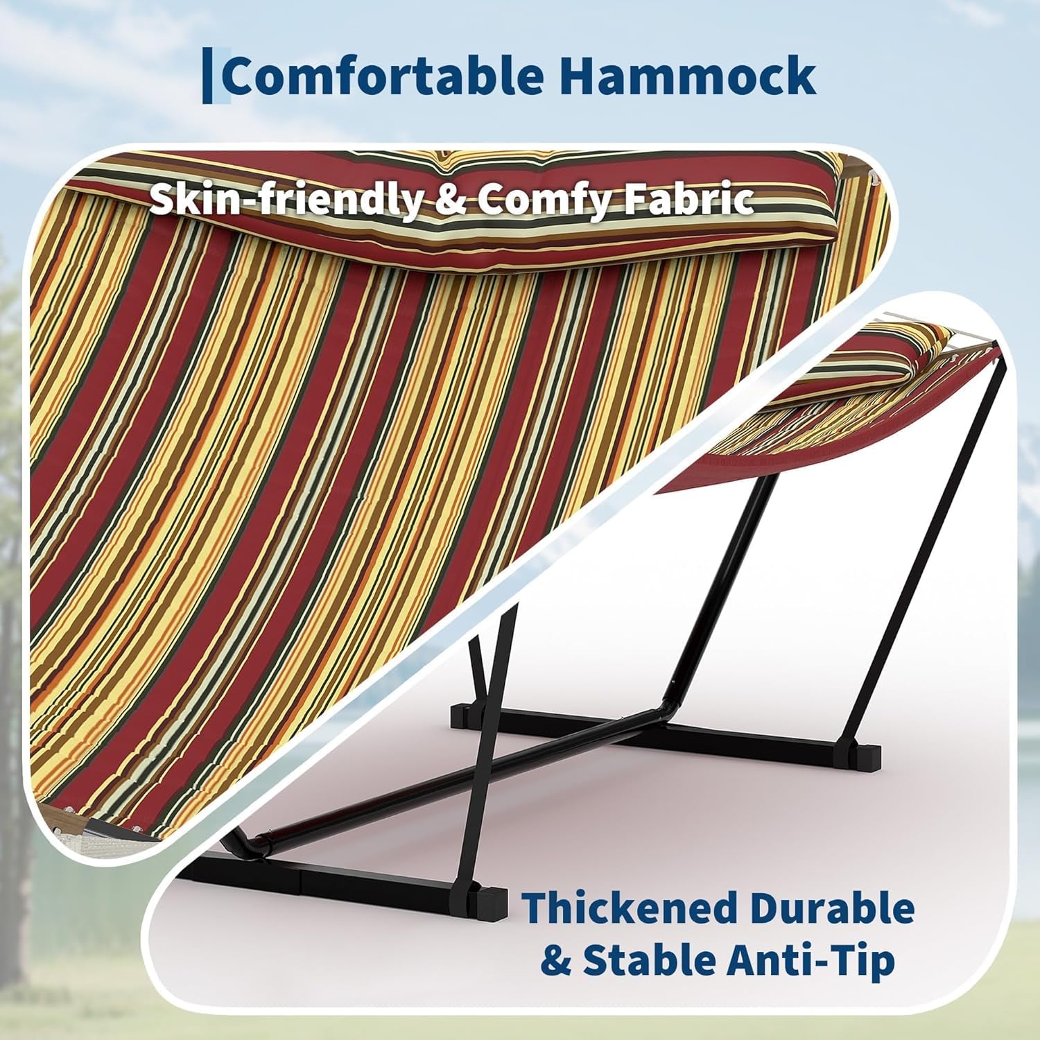 2-Person Hammock with Stand, 450Lbs Weight Capacity, Padded Polyester Fabric & Heavy-Duty Steel Frame, Portable with Carry Bag for Patio Backyard Poolside Garden Camping