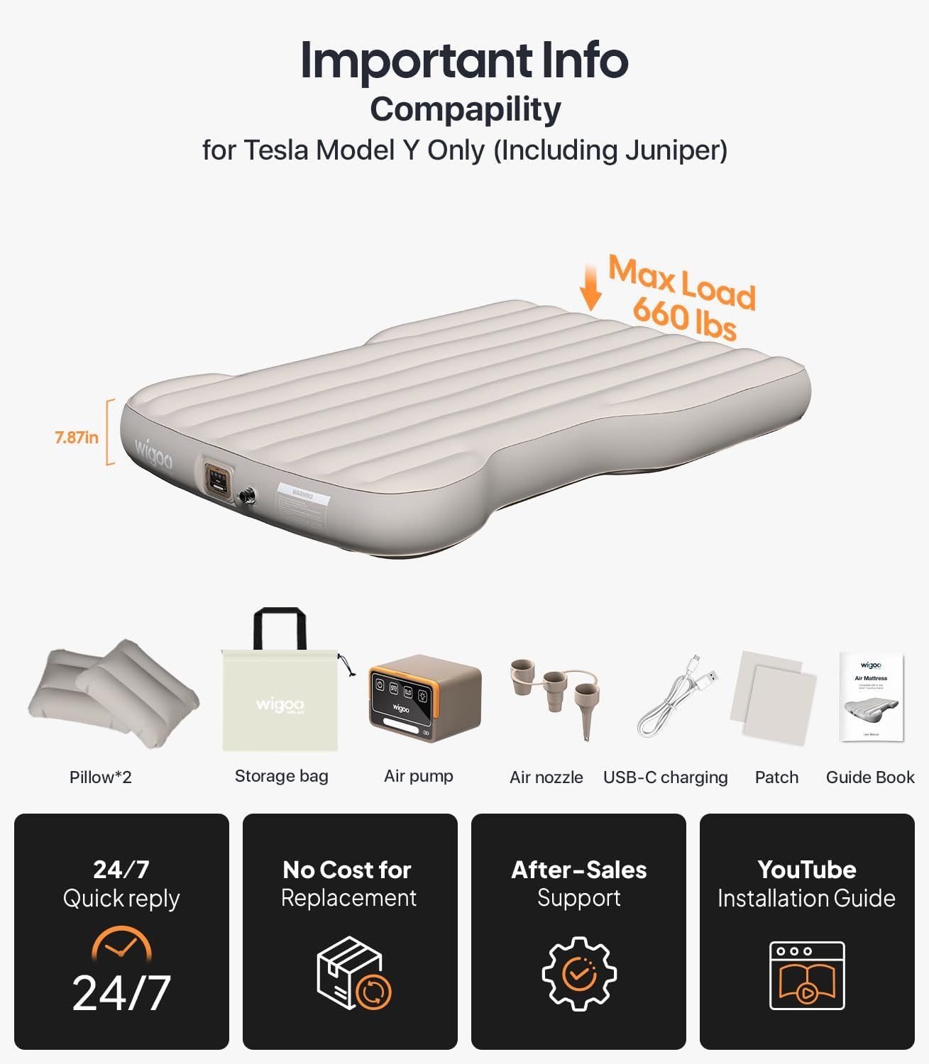 2026 Upgrade Air Mattress for Tesla Model Y [Click Self-Inflate, Home-Level Comfort] USB-C Charging Built-In Air Pump & Ergonomic Design with 2 Pillow, Camping for Tesla Model Y 2020-2026