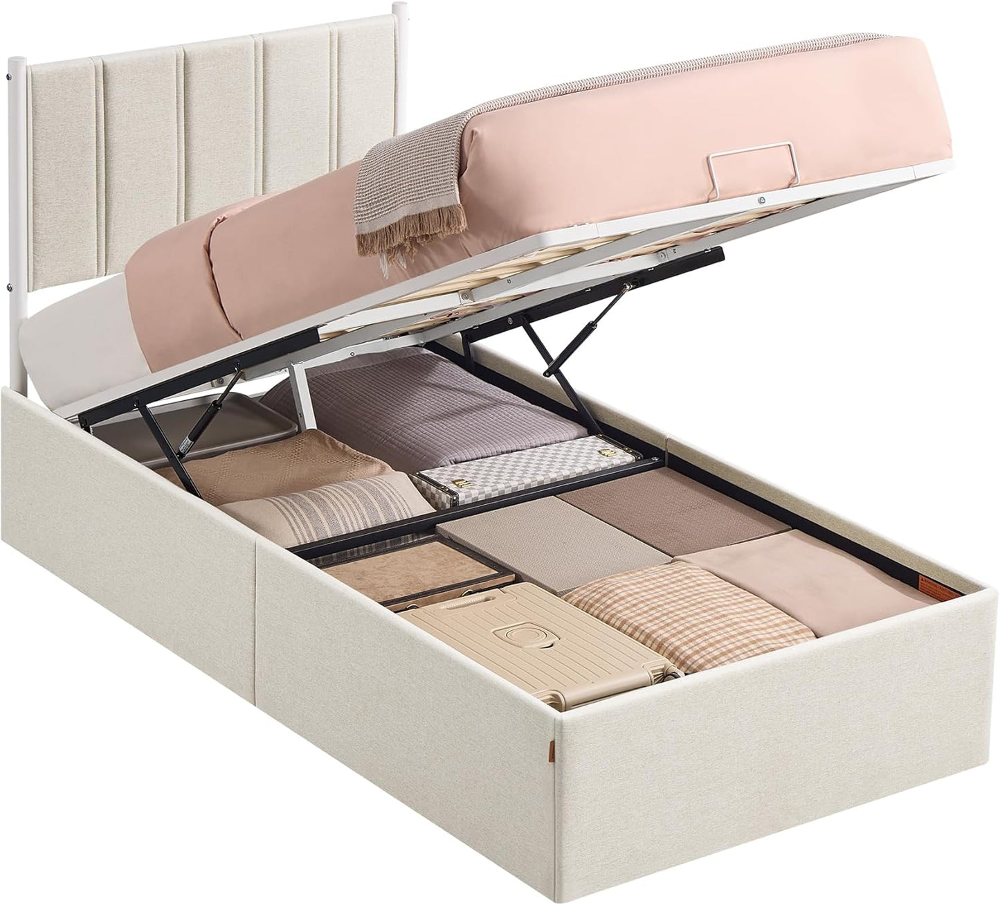 Lift up Storage Bed Frame Twin Size, Hydraulic Platform Bed, with Upholstered Headboard, 550 Lb Weight Capacity, No Box Spring Needed, Easy Assembly, Modern, Cappuccino Beige URMB603W01
