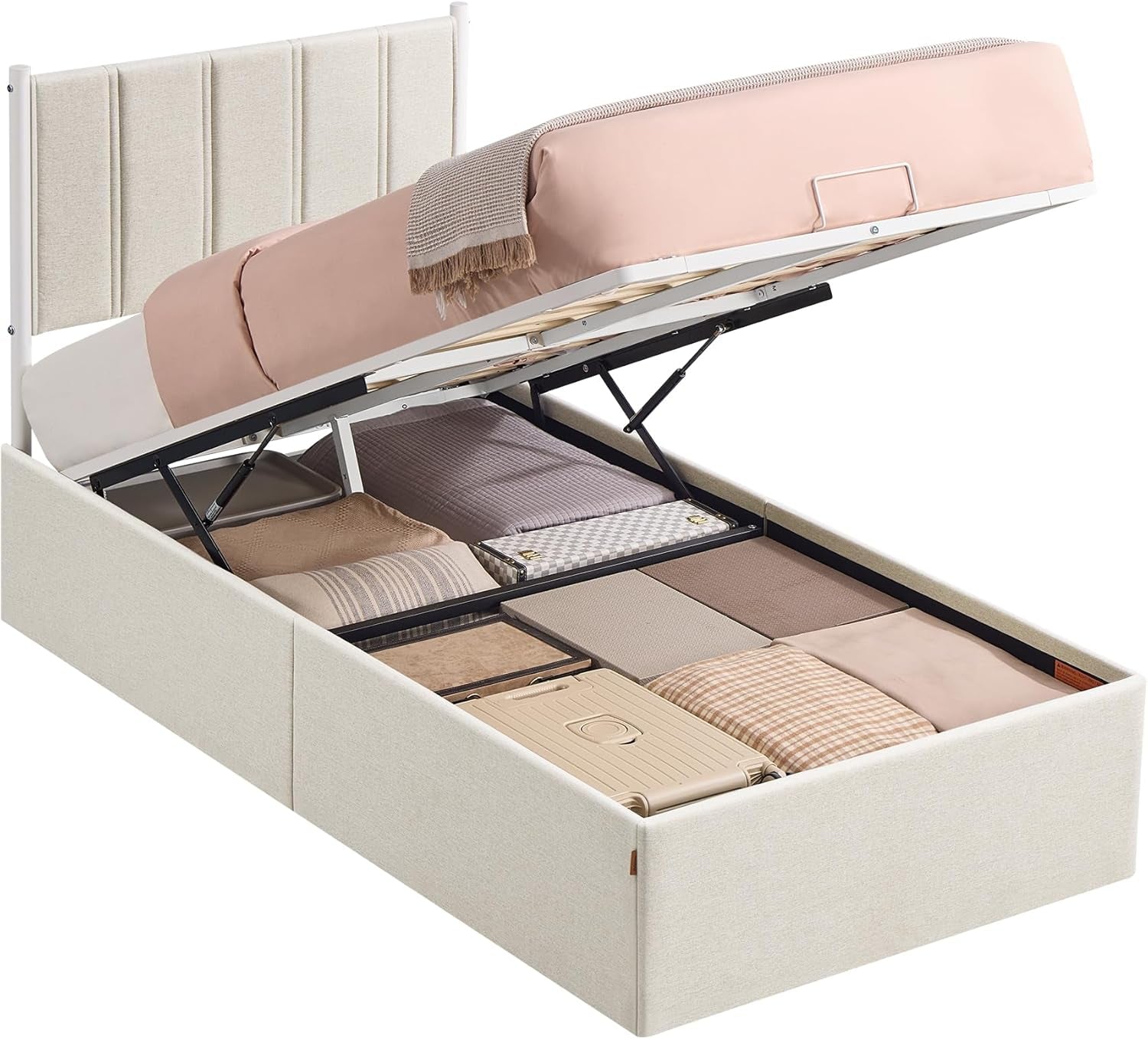 Lift up Storage Bed Frame Twin Size, Hydraulic Platform Bed, with Upholstered Headboard, 550 Lb Weight Capacity, No Box Spring Needed, Easy Assembly, Modern, Cappuccino Beige URMB603W01