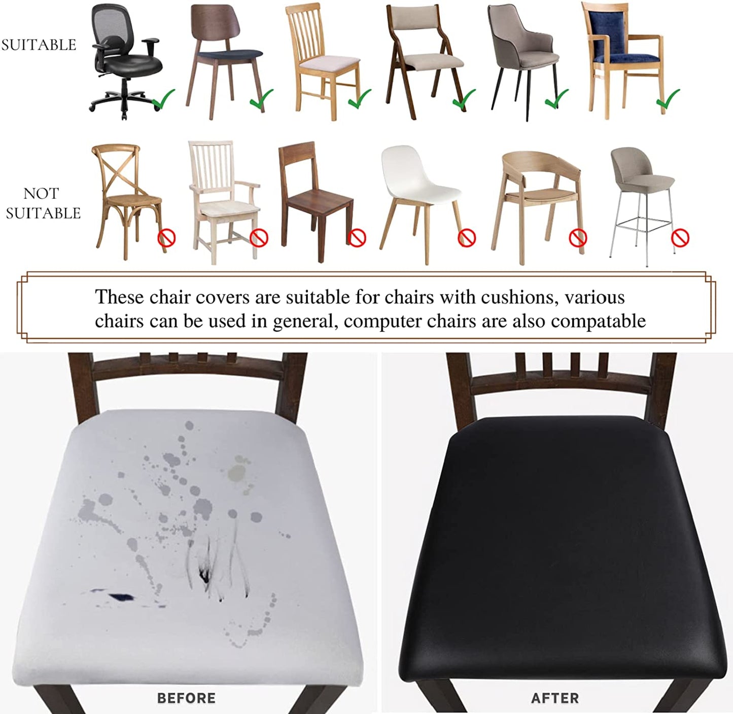 Waterproof PU Leather Seat Covers for Dining Chairs, 4 Pack Stretch Dining Room Chair Seat Covers, Kitchen Chair Seat Covers Protectors (Black)