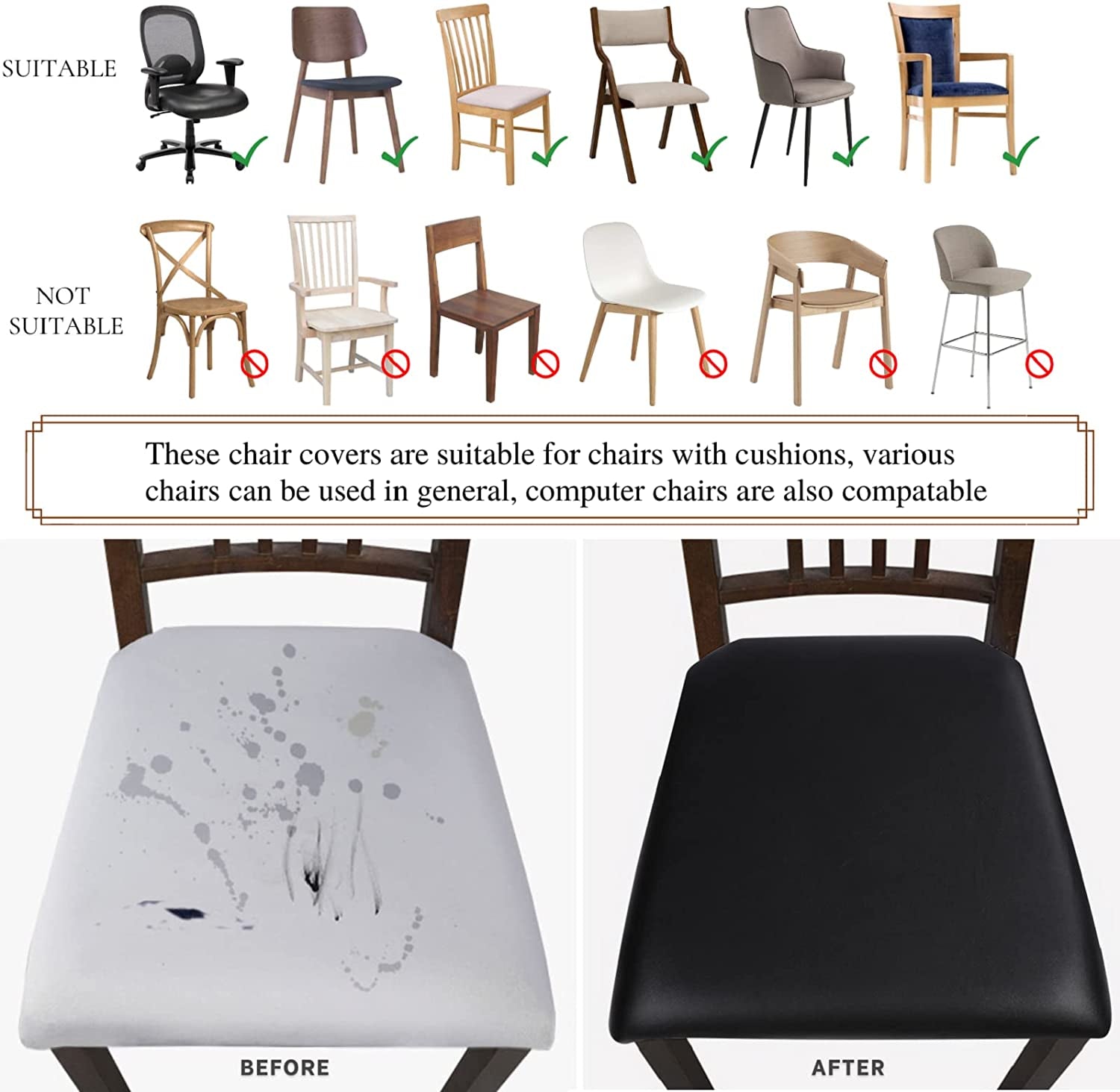 Waterproof PU Leather Seat Covers for Dining Chairs, 4 Pack Stretch Dining Room Chair Seat Covers, Kitchen Chair Seat Covers Protectors (Black)