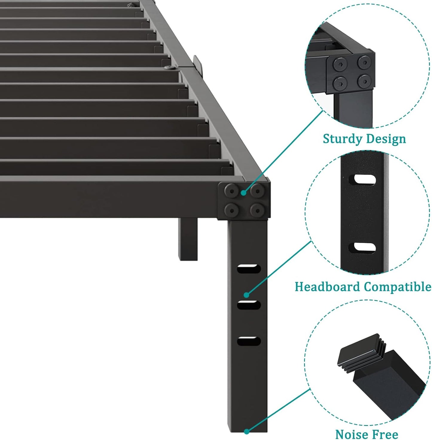Platform Bed Frame Queen Size with Storage Headboard Compatible 14 Inch High Metal No Box Spring Needed Black Mattress Foundation Heavy Duty Steel Slat