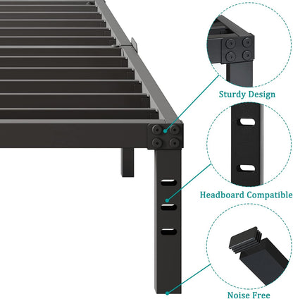 Platform Bed Frame Queen Size with Storage Headboard Compatible 14 Inch High Metal No Box Spring Needed Black Mattress Foundation Heavy Duty Steel Slat