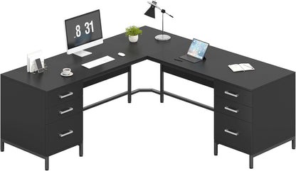 59’‘ L Shaped Desk with 6 Wood Drawers, Large Home Office Corner Computer Desk with Storage File Cabinet, Modern Metal Wood Desk for Executive Writing Study Workstation, Black