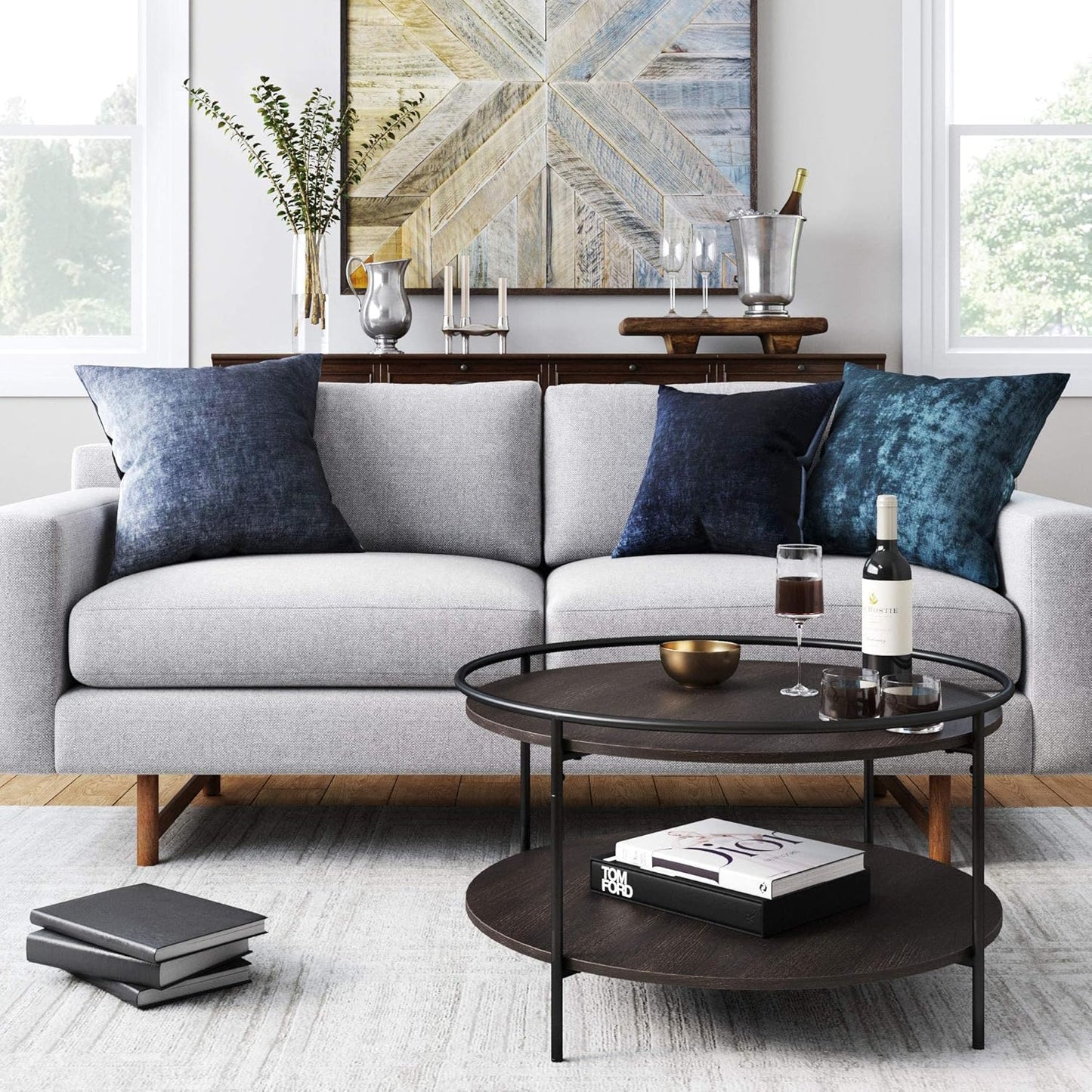 Paloma round Coffee Tea or Cocktail with Raised Tray Top Edge Tables, 2-Tier Minimalist Style Living Room, Dark Oak/Matte Black