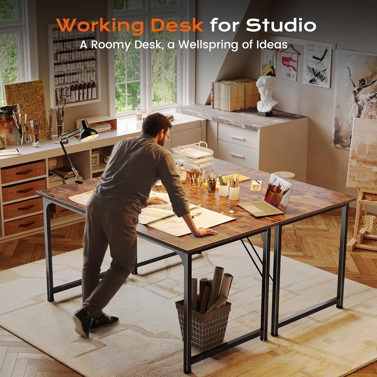 47 X 24 Inch Computer Desk with Deeper Desktop, Gaming Office Writing Work Desk for Home Office, Study, Bedroom, Work from Home, Metal Frame, Rustic Brown